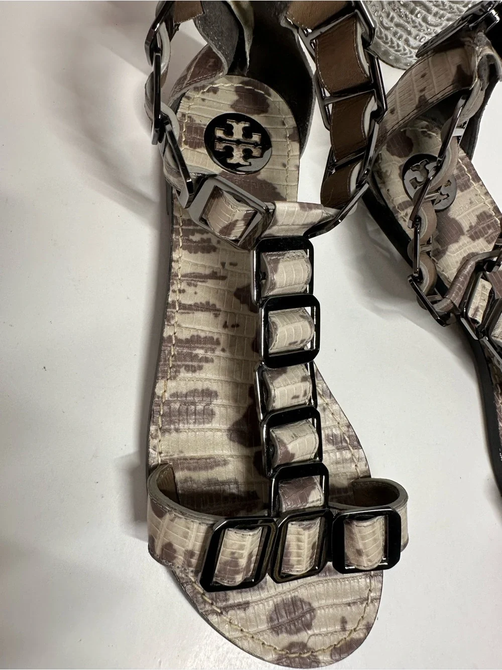 Tory Burch Brown and Beige Patterned Leather Chain-Accent Slide Sandals